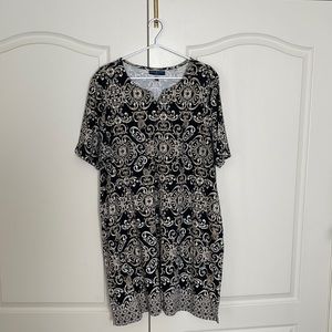 Black dress with tan and white design